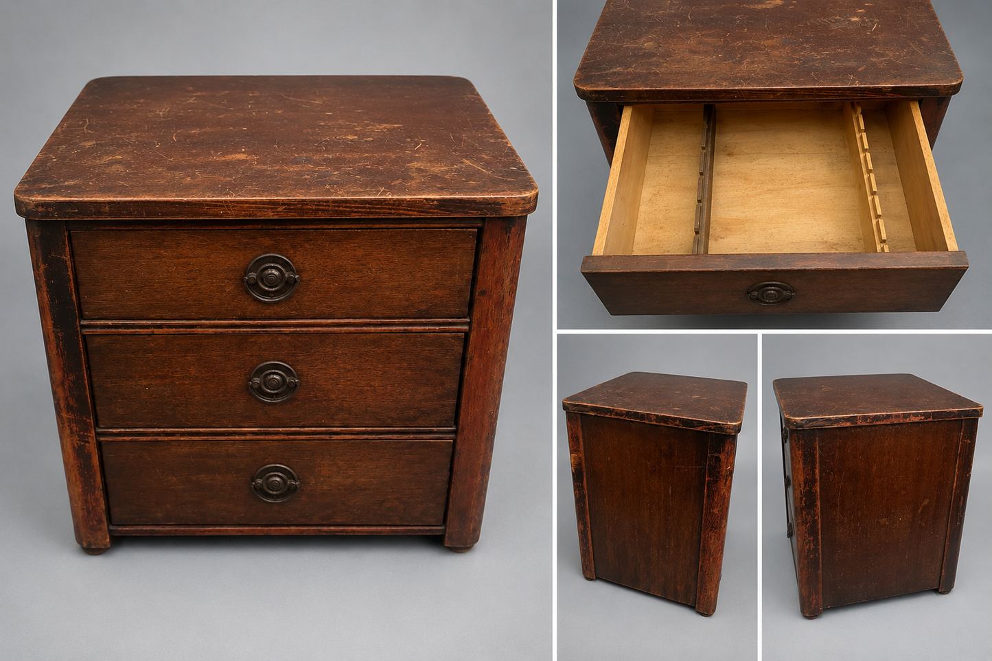 Vintage Wooden 3 Drawer Tabletop Storage Cabinet with Original Hardware