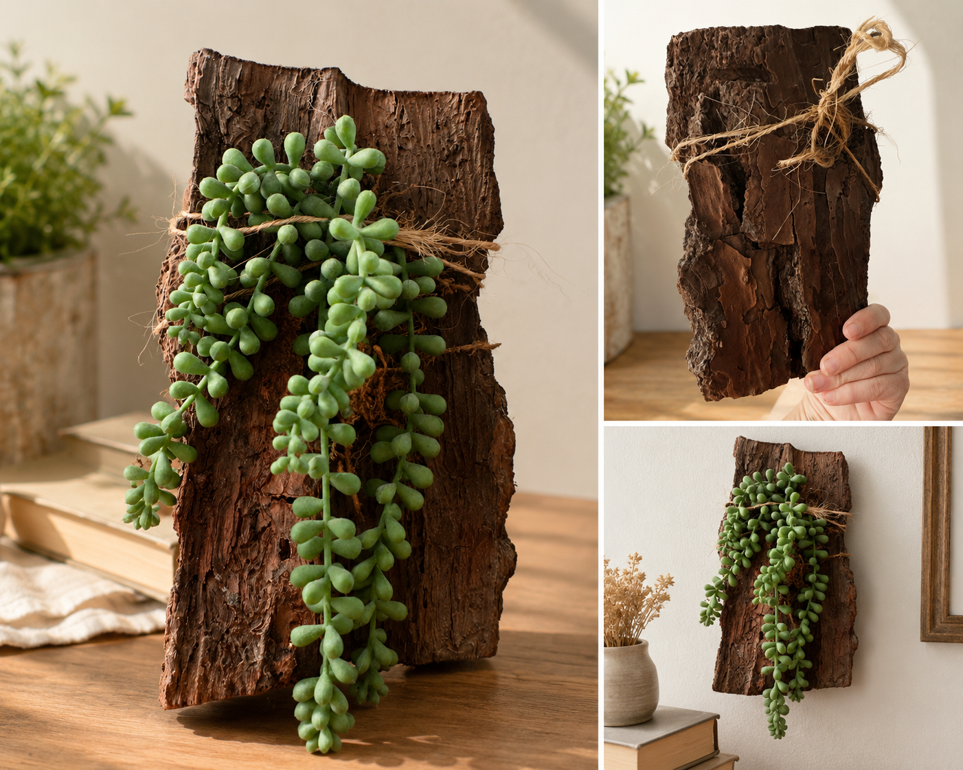 Rustic Hanging Faux Succulent Wall Décor on Natural Bark