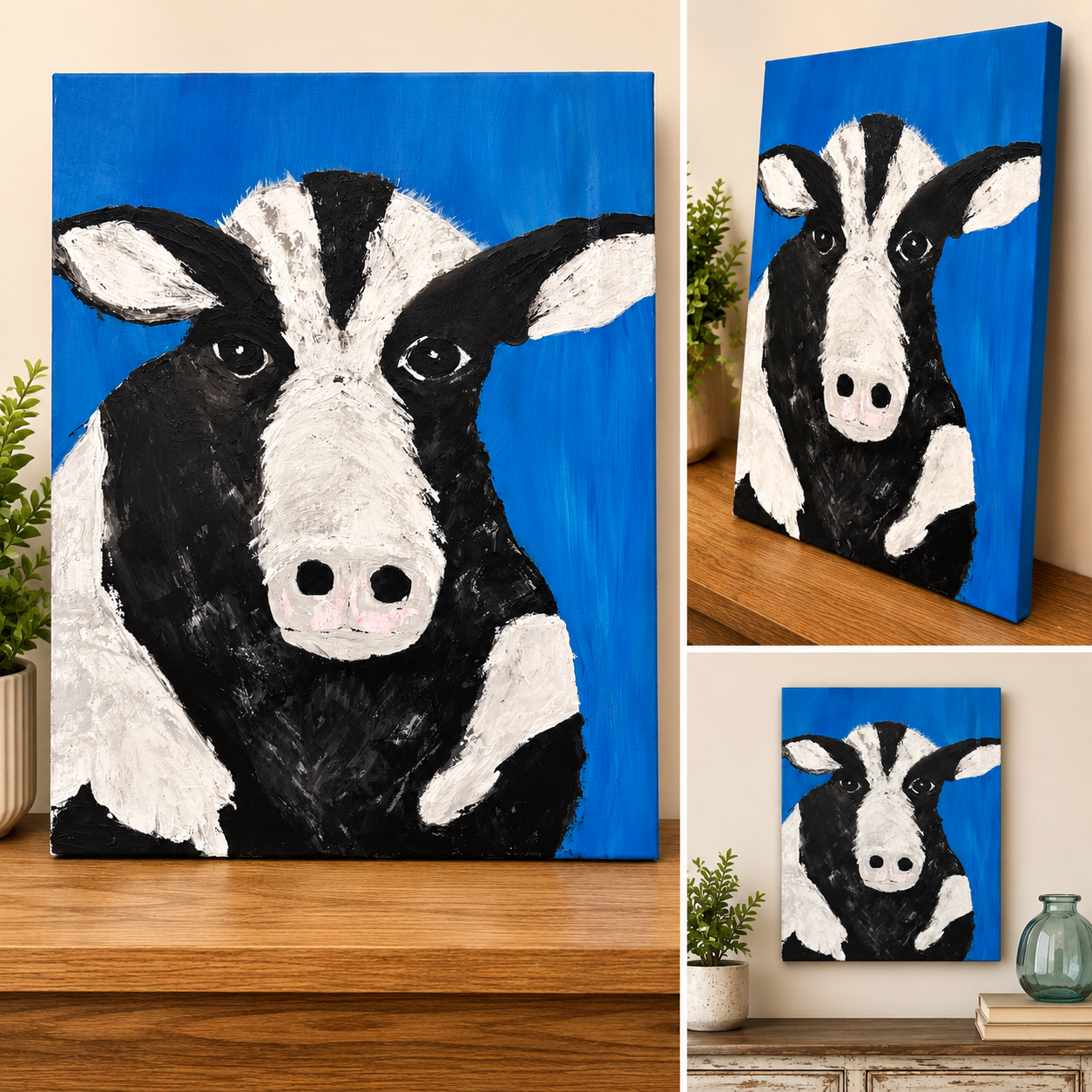 Blue Skies Cow, Original Acrylic Painting on Canvas