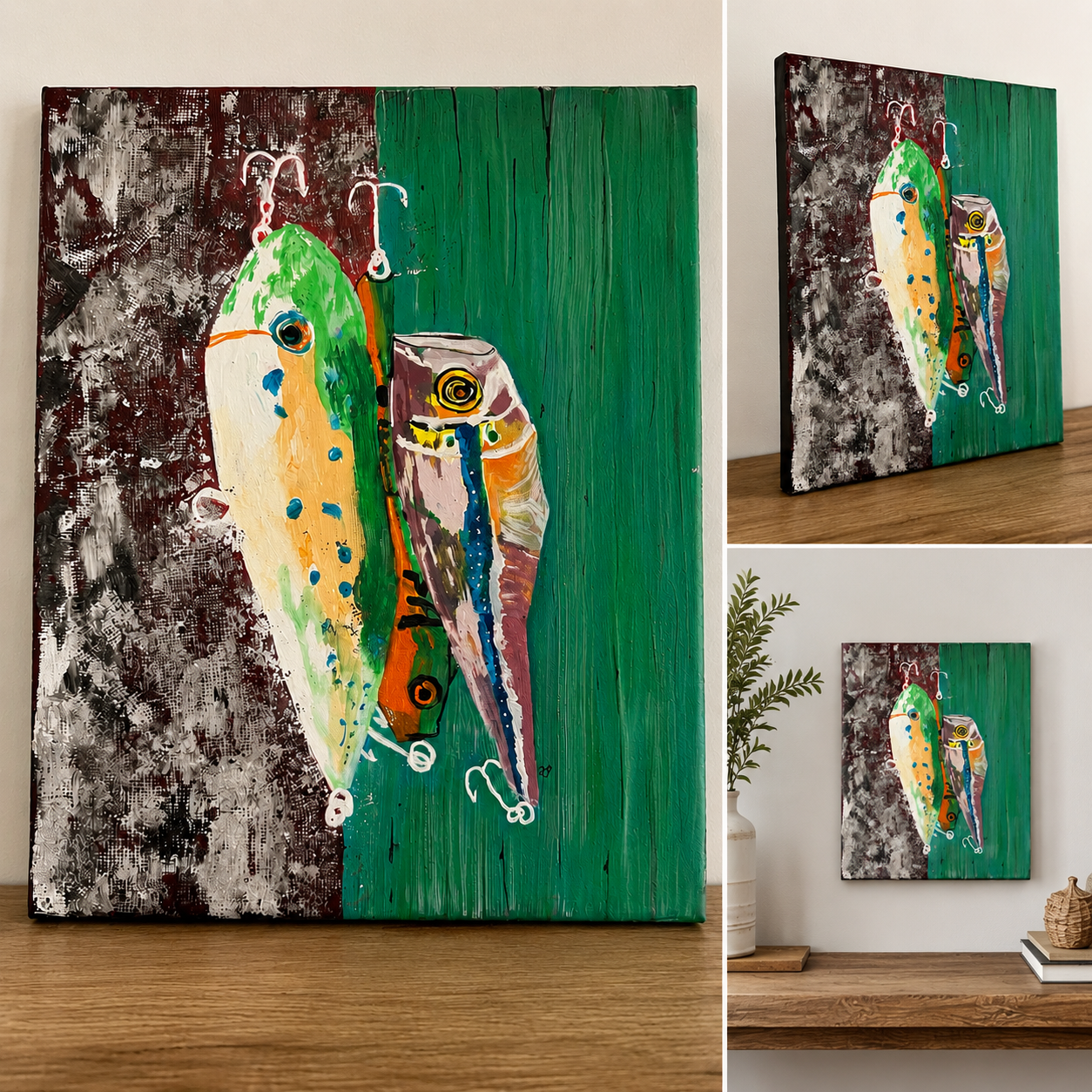 Original Acrylic Fishing Lures Painting on Canvas, Textured Mixed Media Wall Art, 11x14