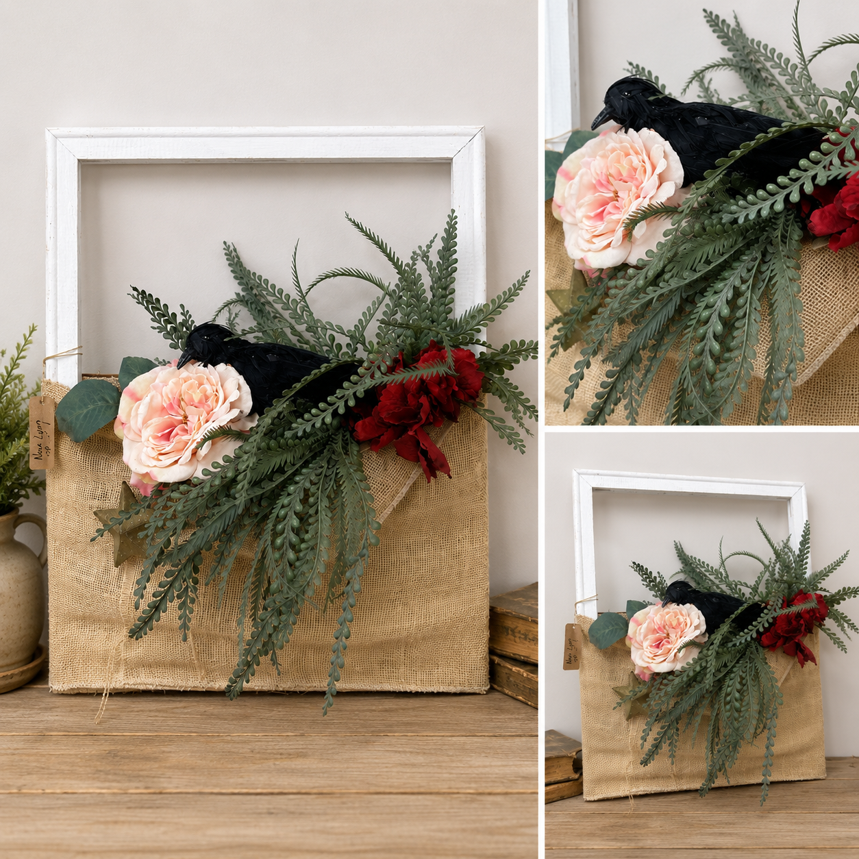 Rustic Raven Floral Wall Hanging with Burlap Pocket and White Wood Frame