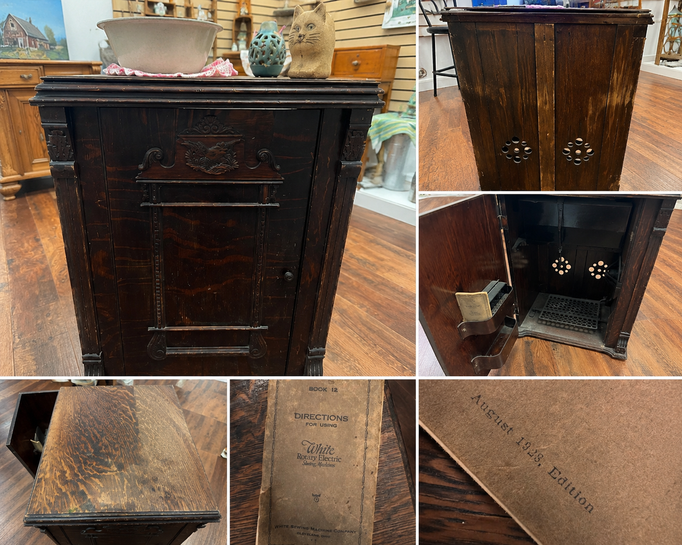 1920s White Rotary Electric Sewing Machine in Original Tiger Oak Cabinet with 1923 Manual