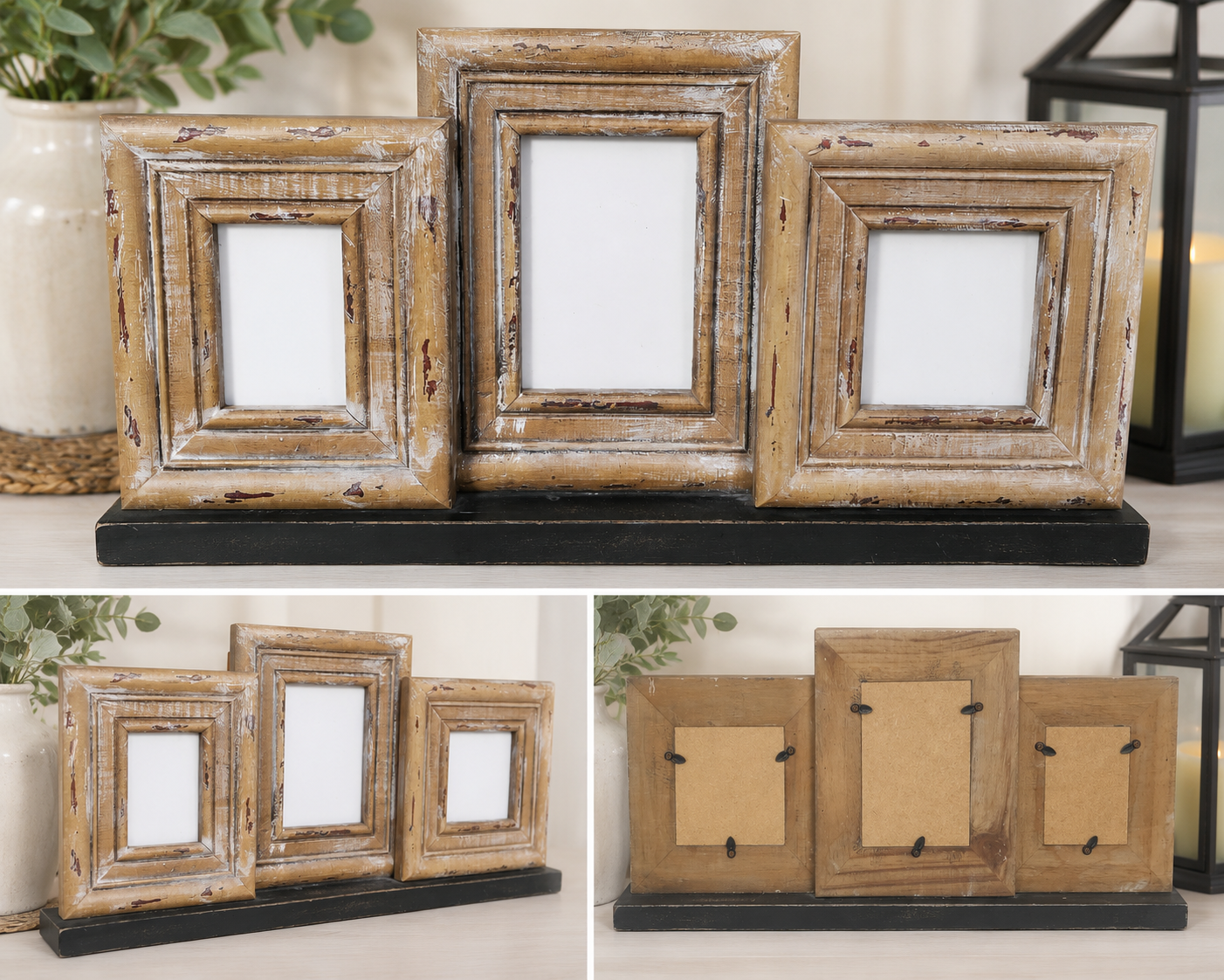 Rustic Triple Wooden Photo Frame, Distressed Tabletop Picture Frame Display, Holds Three Photos