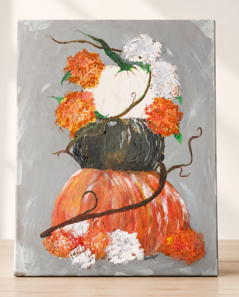 Stacked Pumpkins with Fall Florals Original Painting
