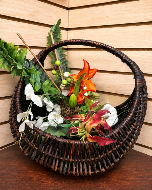 Vintage Handwoven Wicker Basket with Oversized Hoop Handle | Rustic Boho Home Décor