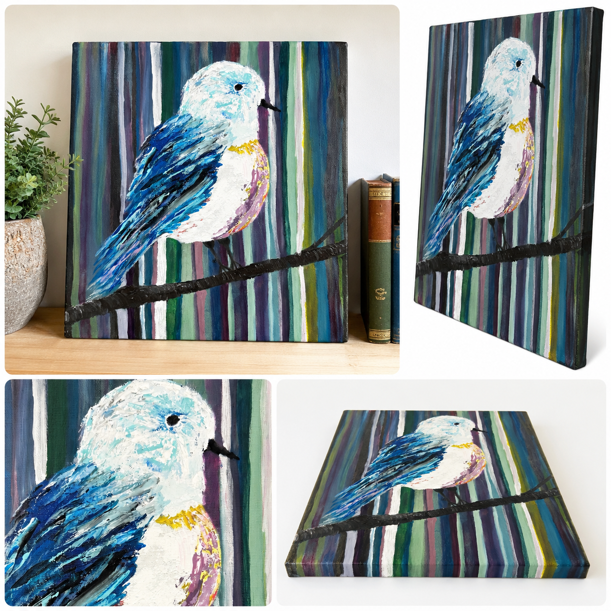 Original Blue Songbird Acrylic Painting on Canvas, One of a Kind Bird Wall Art