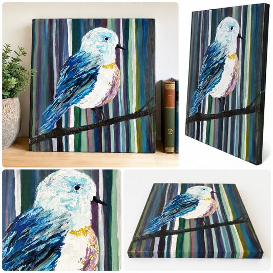 Original Blue Songbird Acrylic Painting on Canvas, One of a Kind Bird Wall Art