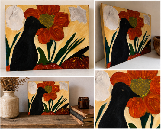 Original Acrylic Canvas Painting, Black Bird & Sunflower, One of a Kind