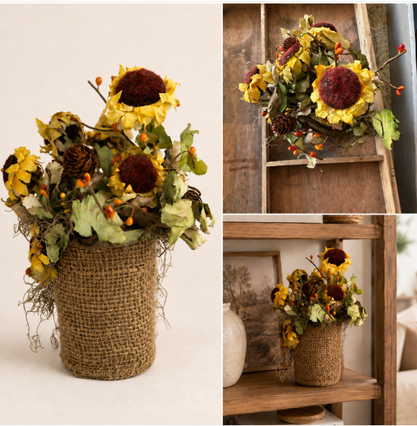 Small Rustic Primitive Sunflower Fall Arrangement