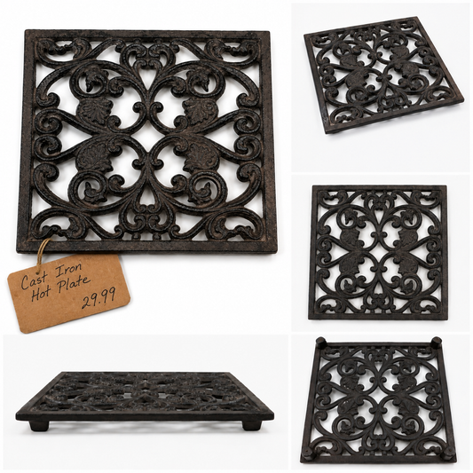 Vintage Ornate Cast Iron Trivet Hot Plate, Decorative Scrollwork, Kitchen & Table Protector