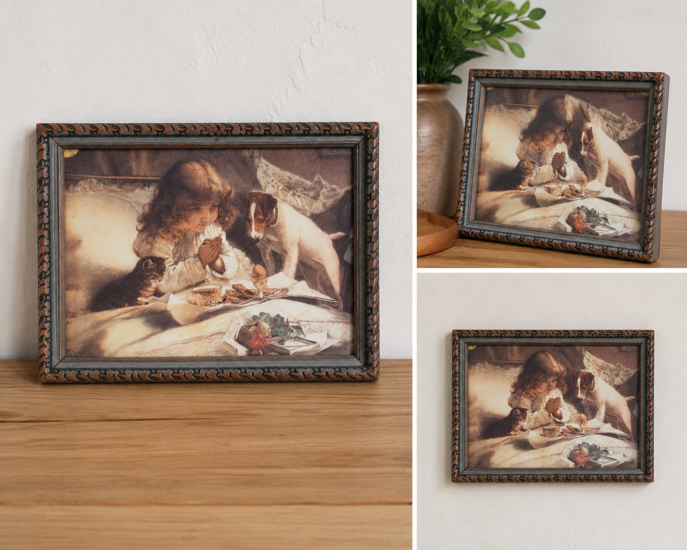 Vintage Framed Charles Burton Barber "Suspense" Print, Girl with Dog & Kitten, 6x8