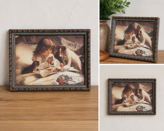 Vintage Framed Charles Burton Barber "Suspense" Print, Girl with Dog & Kitten, 6x8