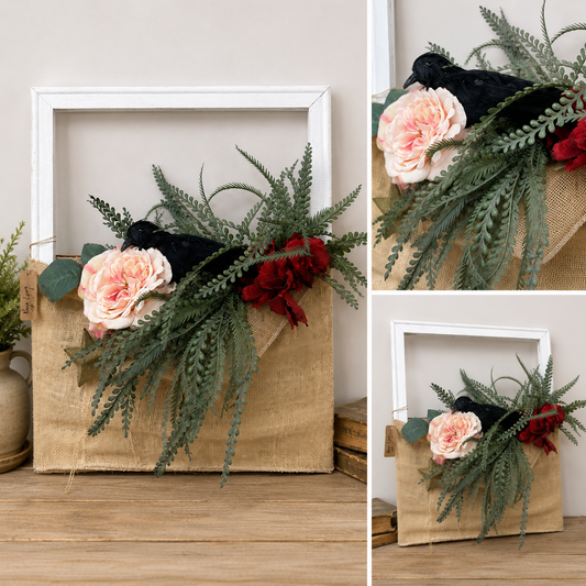 Rustic Raven Floral Wall Hanging with Burlap Pocket and White Wood Frame