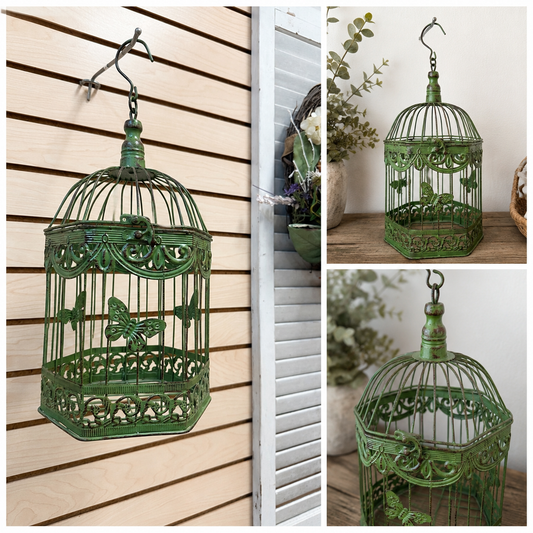 Decorative Green Metal Birdcage with Butterfly Accents, Rustic Garden or Home Décor