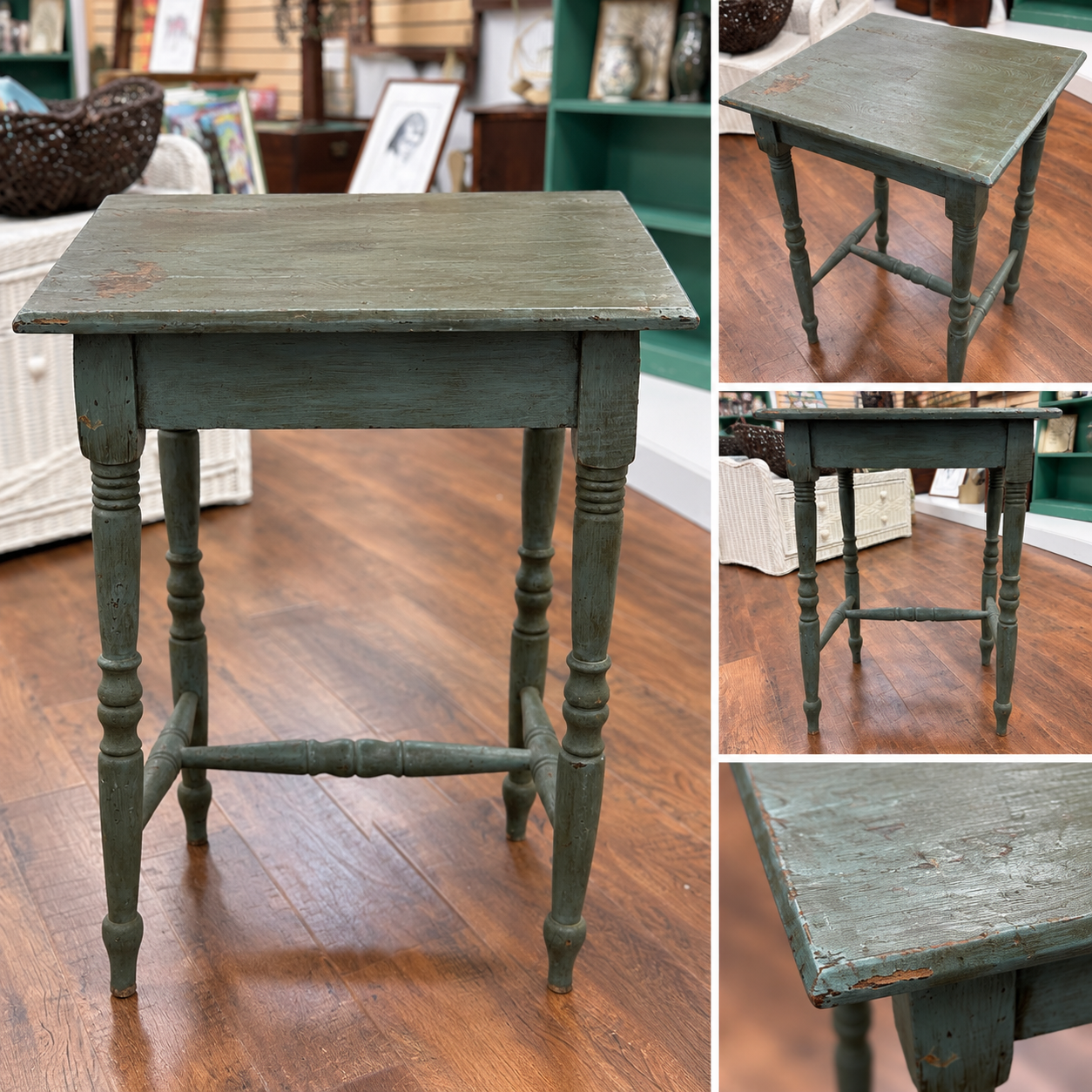 Vintage Primitive Green Painted Solid Wood Side Table | Farmhouse Accent Table