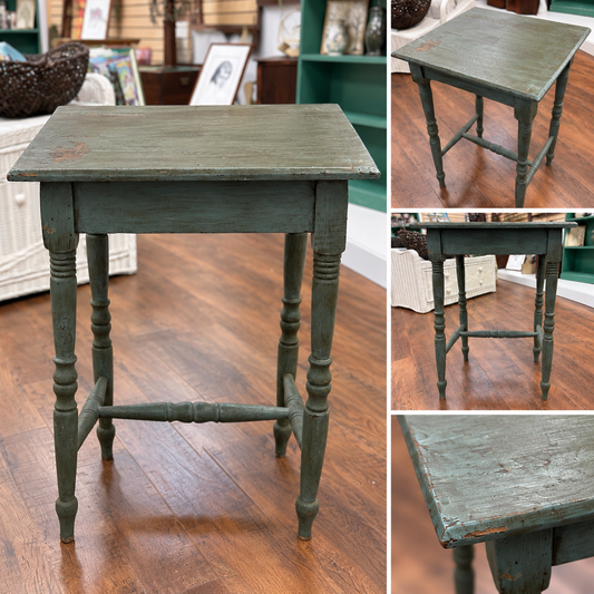 Vintage Primitive Green Painted Solid Wood Side Table | Farmhouse Accent Table