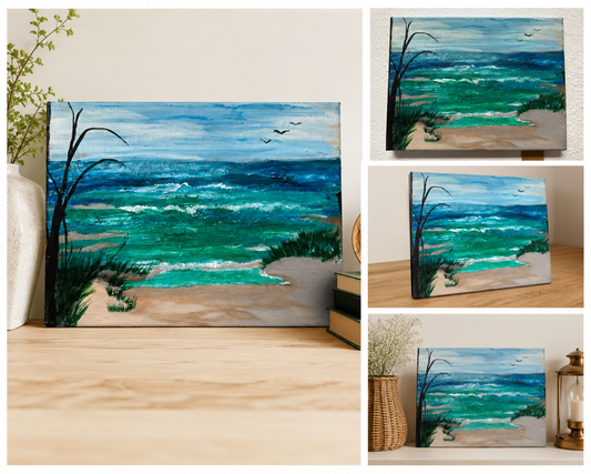 Original Coastal Seascape Acrylic Painting on Canvas, Ocean Beach Landscape Wall Art