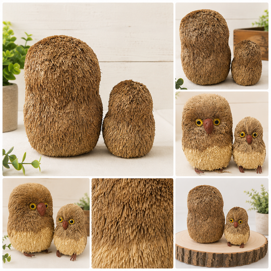 Vintage Straw Owl Figurine Set (7" & 4") | Rustic Woodland Home Décor | Pair