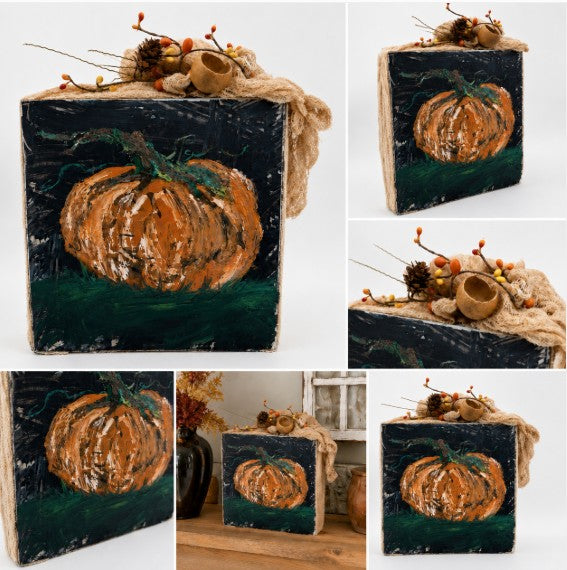 8" × 8" Rustic Pumpkin Original Art on Hollow Wooden Shadow Box