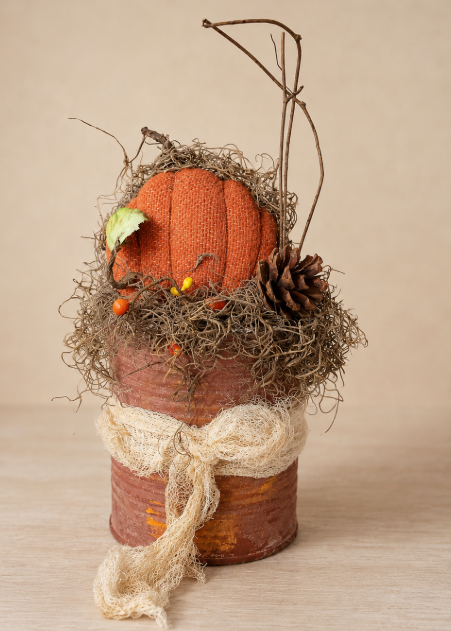 Rustic Fabric Pumpkin Arrangement in Repurposed Metal Can