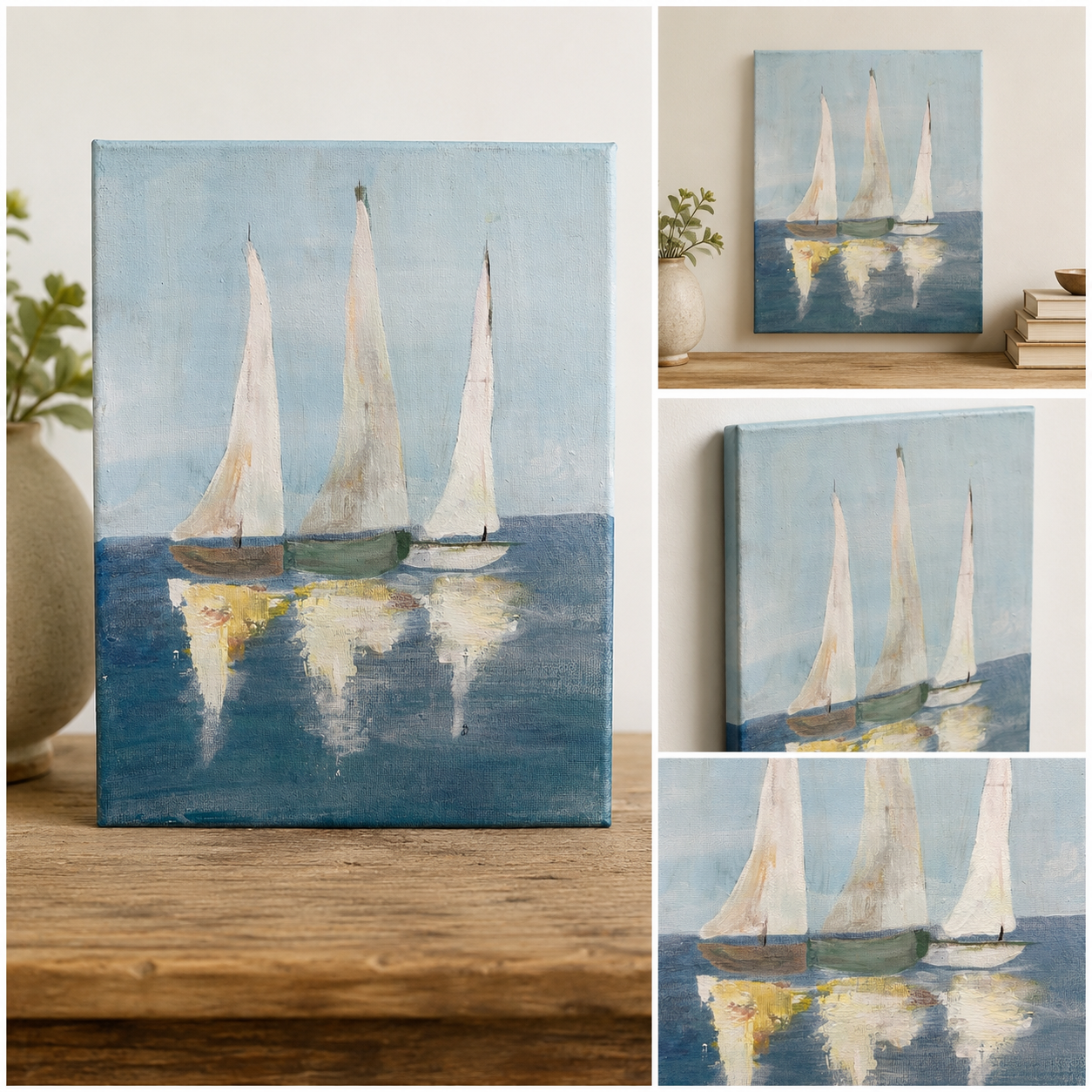 Original Sailboats on Calm Water Painting | One of a Kind Coastal Canvas Art