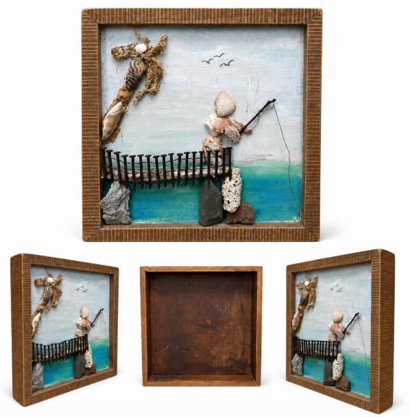 Handcrafted Coastal Fisherman Shadow Box Art with Sarasota Seashells