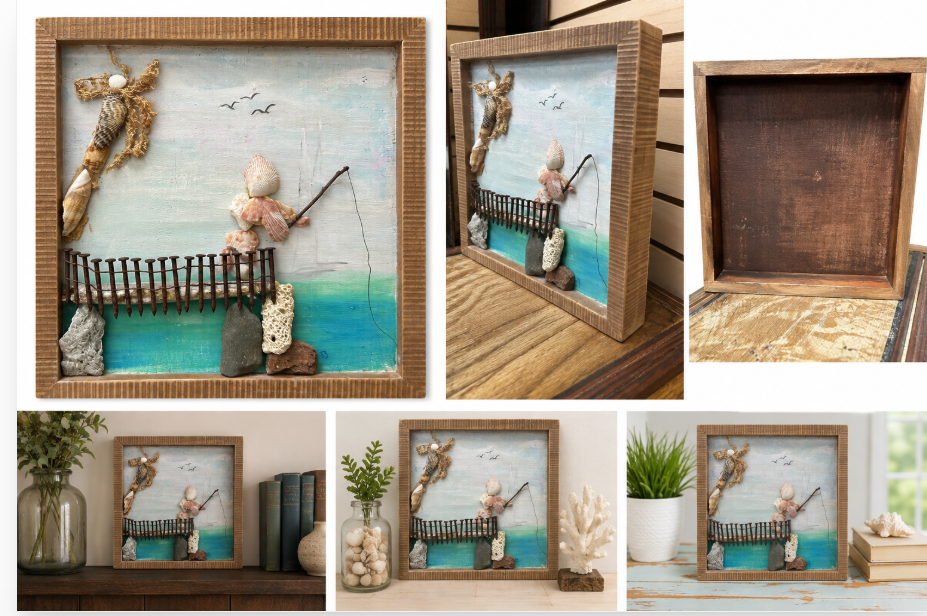 Handcrafted Coastal Fisherman Shadow Box Art with Sarasota Seashells