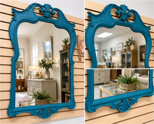 Vintage Teal Rococo Style Ornate Wall Mirror | Hollywood Regency Statement Mirror