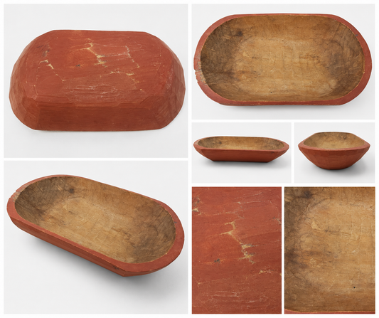 Vintage Hand-Carved Red Wooden Dough Bowl | Primitive Farmhouse Wooden Trencher