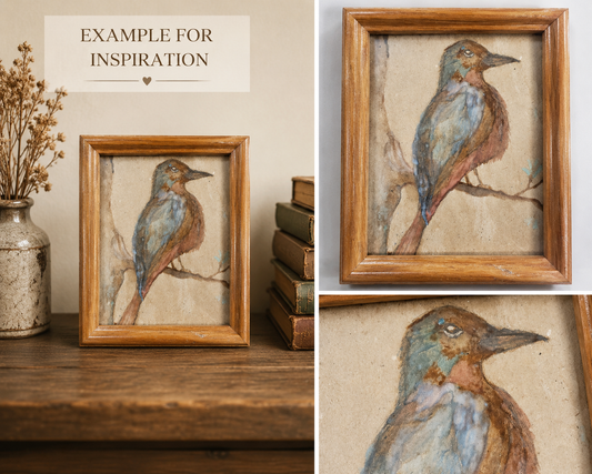 Original Bird Painting on Vintage Paper, Watercolor & Coffee Art, 5 x 7 Framed