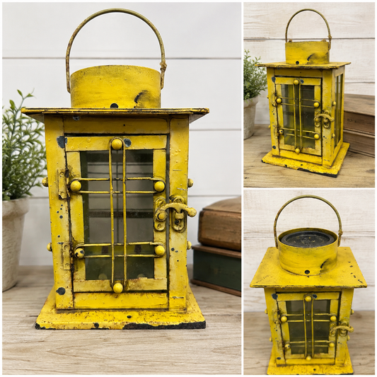 Distressed Yellow Metal Lantern, Rustic Farmhouse Candle Lantern, Vintage Style Decor